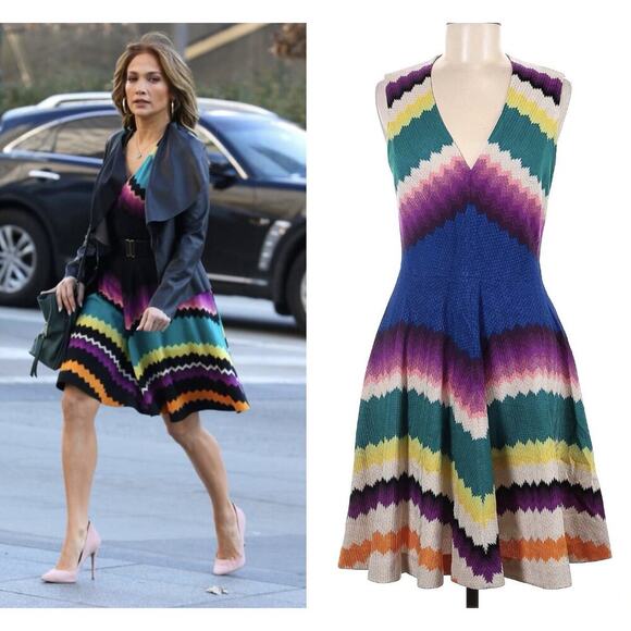MISSONI Fit & Flare Dress 44 Zig Zag Sleeveless Vneck Wool Knee Length Midi Knit - Picture 1 of 15